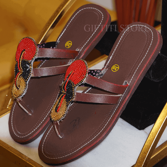 Picture of Red Gold Beautifully Crafted Women African Handmade Casual SummerSpring Slippers