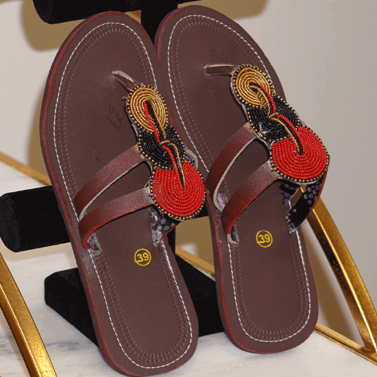 Picture of Red Gold Beautifully Crafted Women African Handmade Casual SummerSpring Slippers