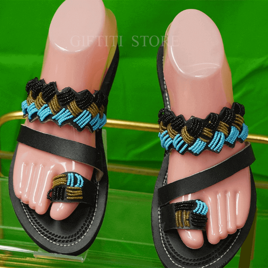 Picture of Blue and Black Beautifully Crafted Women African Handmade Casual Wear Slippers